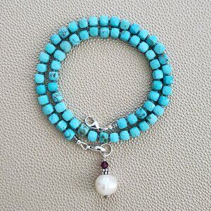 TURQUOISE MINI CUBE NECKLACE W/ PEARL DROP--16"